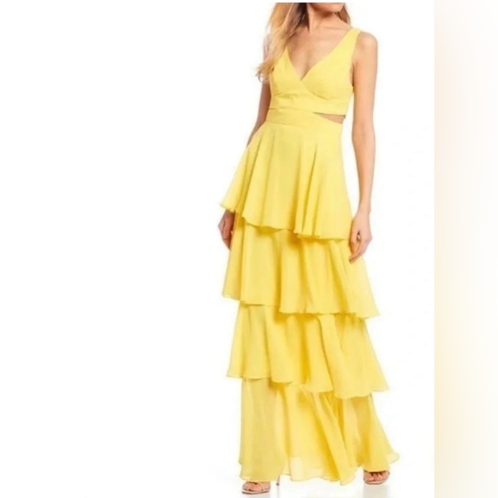 B. Darlin V-Neck Tiered Skirt Long Maxi Formal Prom Dress Size 7/8 Yellow New